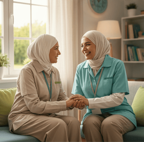 فريق دار نور الإيمان أثناء تقديم خدمات الرعاية للمسنين